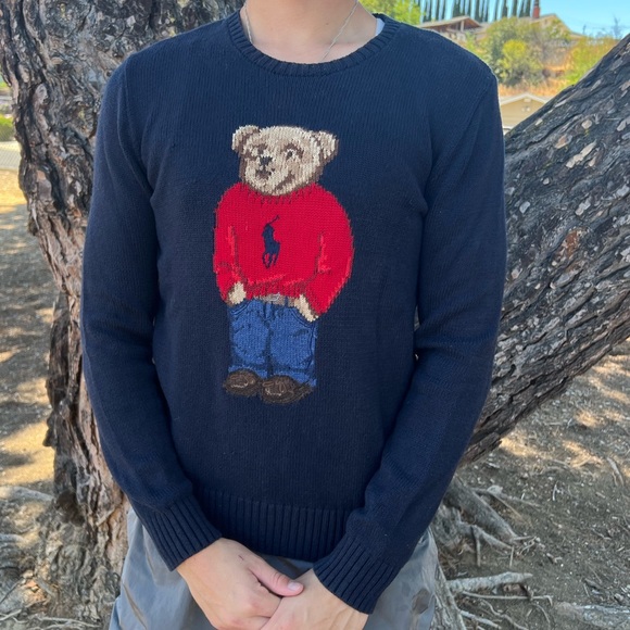 POLO BEAR RALPH LAUREN MEN BOY TEDDY KNIT SWEATER NAVY BLUE HOLIDAY CHRISTMAS S - Picture 3 of 13